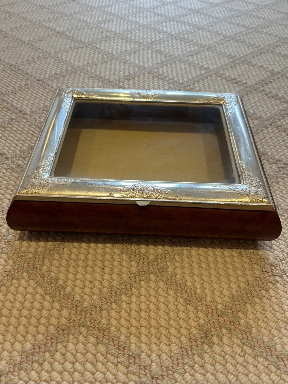 Italian Wood and Silver Glass-Top Jewelry and Keepsake Box